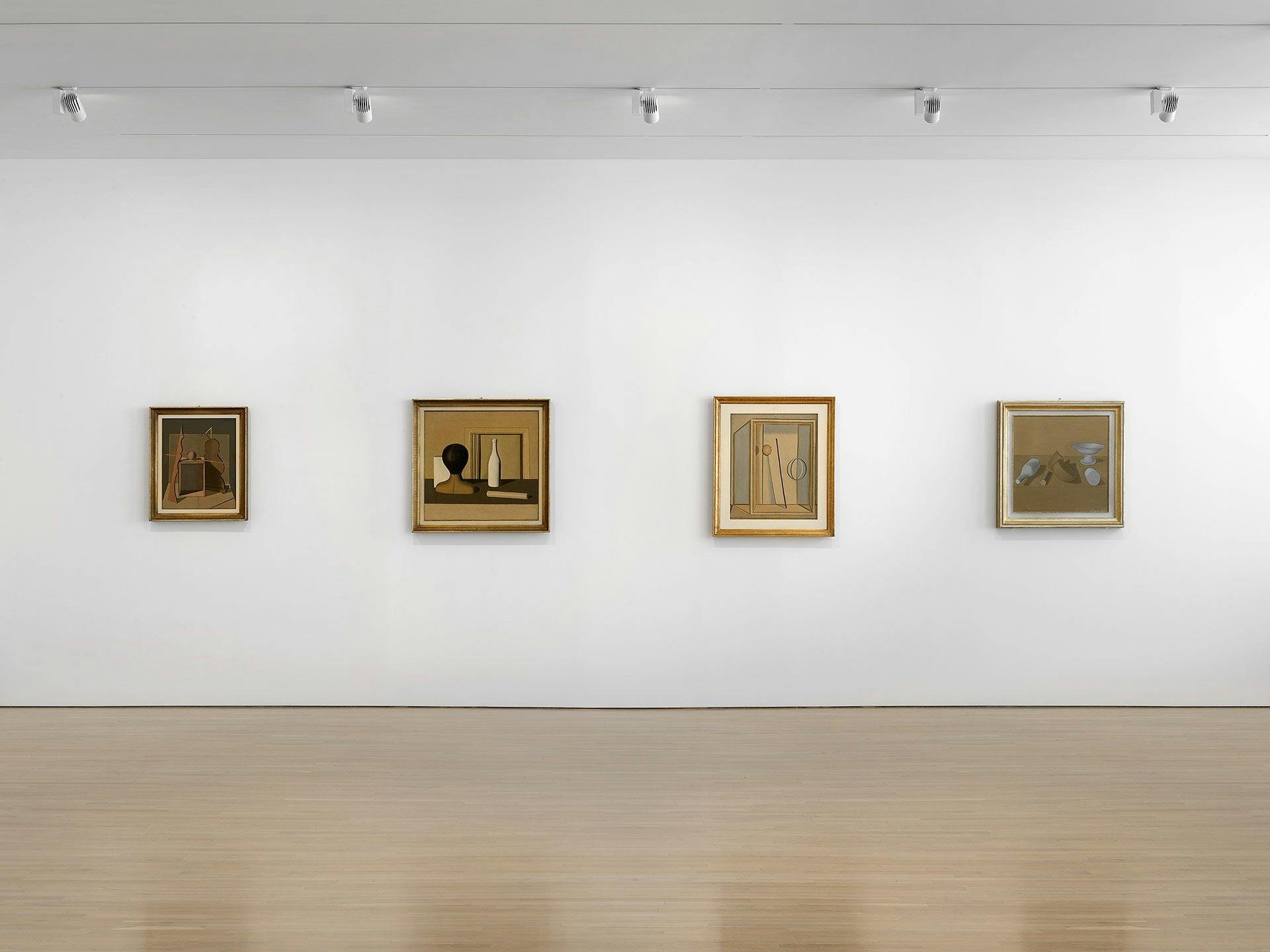 Installation view of the exhibition, Metaphysical Masterpieces 1916-1920: Morandi, Sironi, and Carrà, at the Center for Italian Modern Art in New York, 2018.